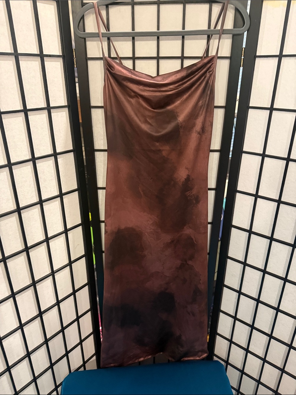 SHEIN Satin Cowl Neck Maxi Dress in Brown and Black Tie-Dye